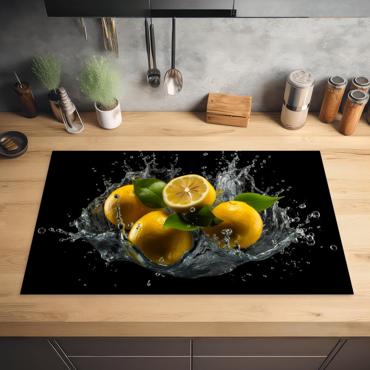HERDABDECKPLATTE Zitrone - Obst - Gelb - Schwarz Induktionsmatte 83x51 cm - Gelb, Kunststoff (83/51.5/0.2cm) - MuchoWow