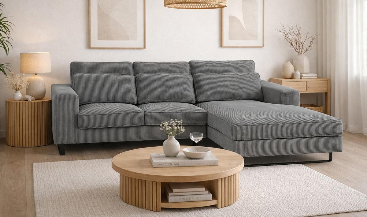SOFA grau Cord 276 cm, Ecksofa 4-Sitzer, L-Sofa Ottomane rechts - Schwarz/Grau, Holz/Textil (276/183cm) - Inn.Furn