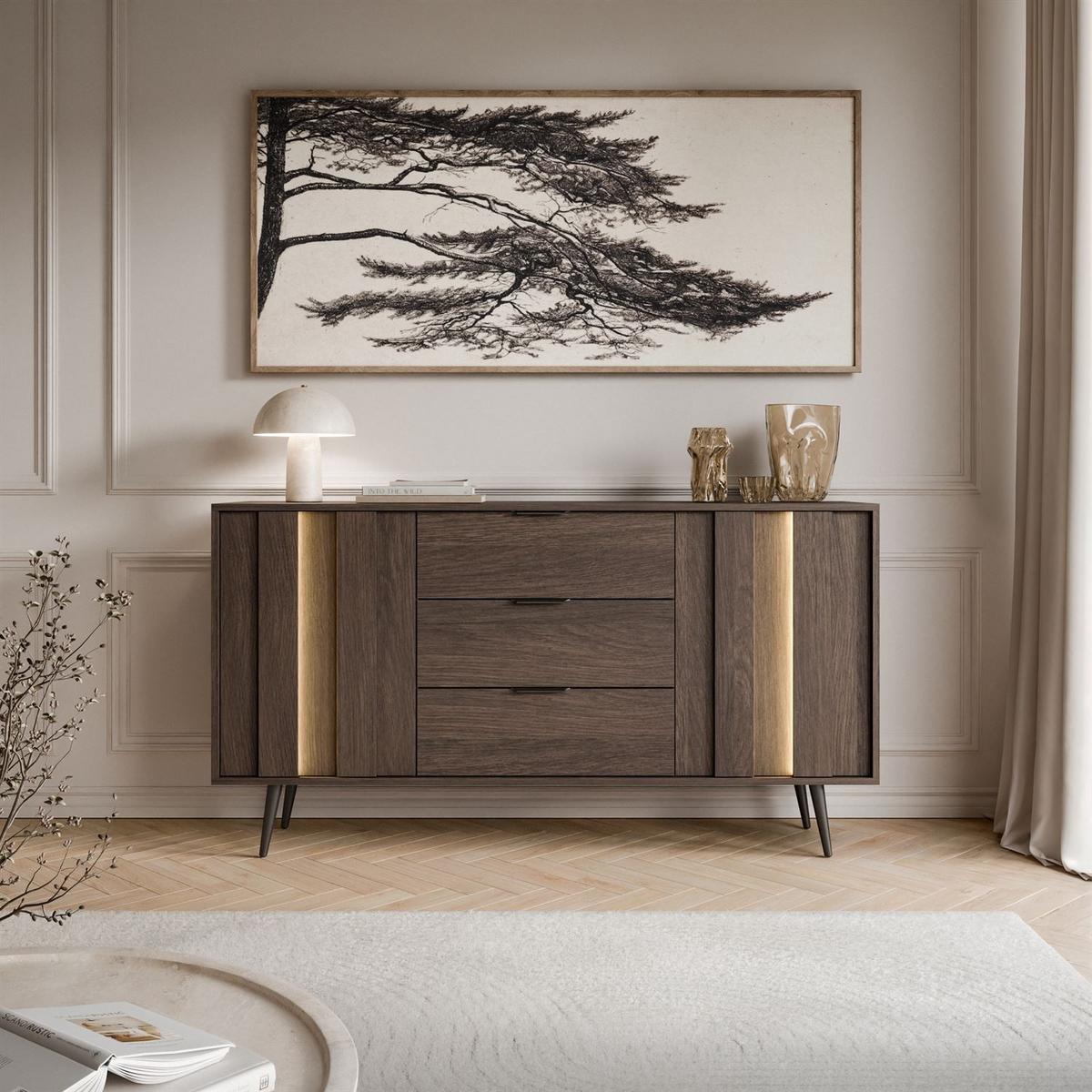 KOMMODE ALMA 2D3S mit LED-Beleuchtung - Eichefarben/Schwarz, Holzwerkstoff (183/88/40cm) - Lookway
