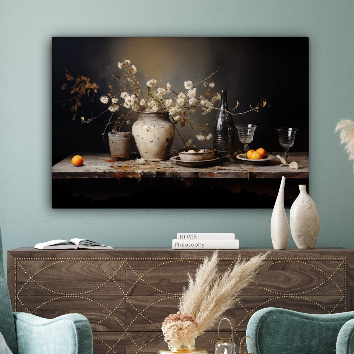 LEINWANDBILD Stilleben - Blumen - Blumenstrauß - Vase - Wein Wohnzimmer Groß 120x80 cm - Schwarz, Textil (120/80cm) - MuchoWow