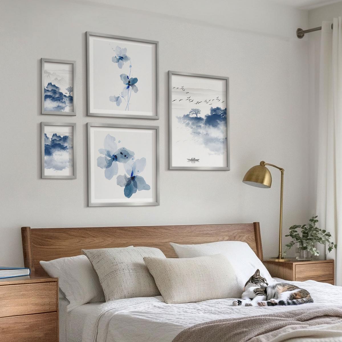 BILDER SET 5er Set - 50x50 cm & 20x30 cm & 40x60 cm Silberner Rahmen - Berge, Wolken, Bäume, Vögel im Hintergrund - Silberfarben, Kunststoff (40/60cm) - TULUP