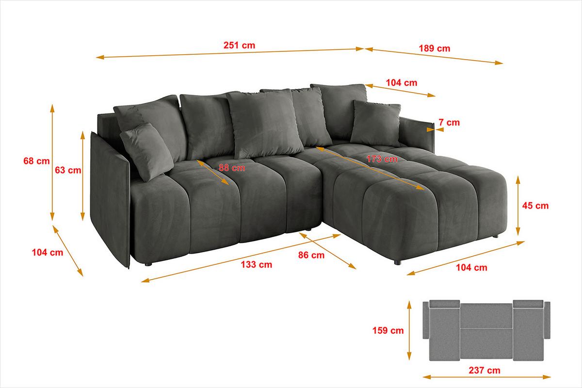 ECKSOFA Ottomane rechts LONLI-L 251x189x68 Anthrazit Velours - Anthrazit, Holzwerkstoff/Kunststoff (189/251cm) - ALTDECOR