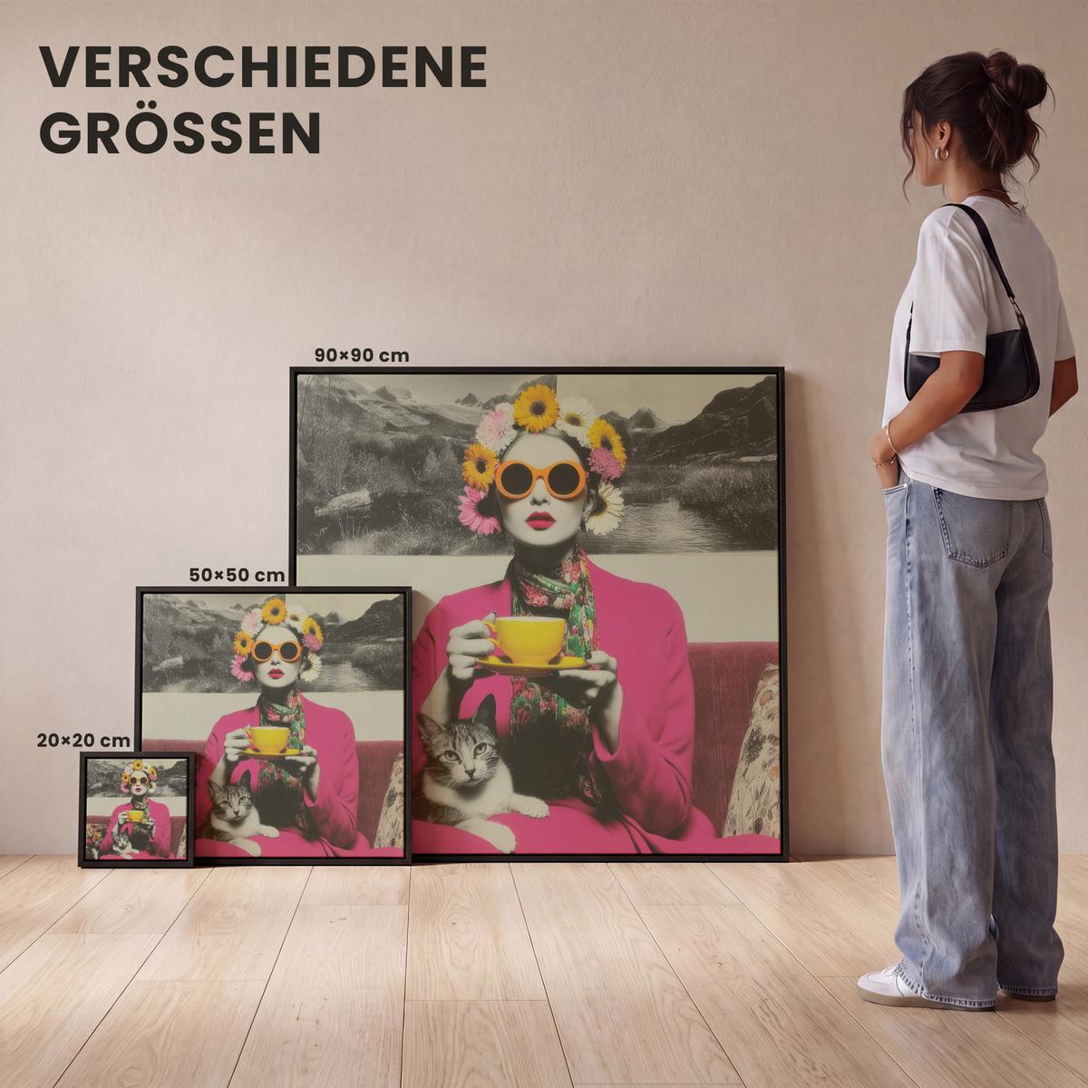 LEINWAND Bilder mit Rahmen - Frau - Katze - Blumen - Tasse - Retro - 20x20 - Magenta, Textil (20/20cm) - MuchoWow
