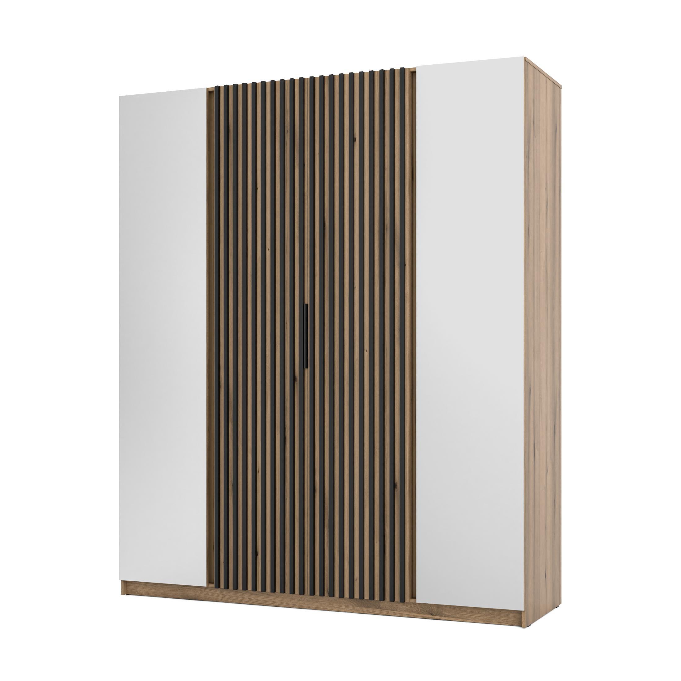KLEIDERSCHRANK Nehir Korpus Eiche Evoke, Front Eiche Evoke/Schwarz 200 cm - 4T Modern mit Spiegeln außen und Lamellentüren mittig - Eichefarben, Holzwerkstoff/Kunststoff (200/239/61.9cm) - AX Living