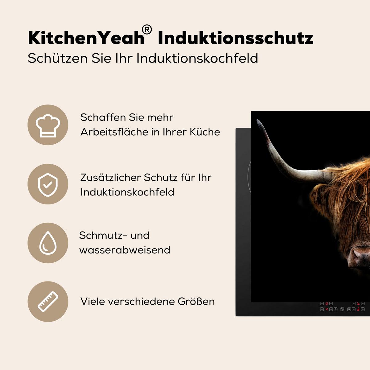 HERDABDECKPLATTE Schottischer Highlander - Hörner - Schwarz - Tiere - Natur - Wild - Kuh Herdabdeckung Induktionsfeld 70x52 cm - Cognac, Kunststoff (70/52/0.2cm) - MuchoWow