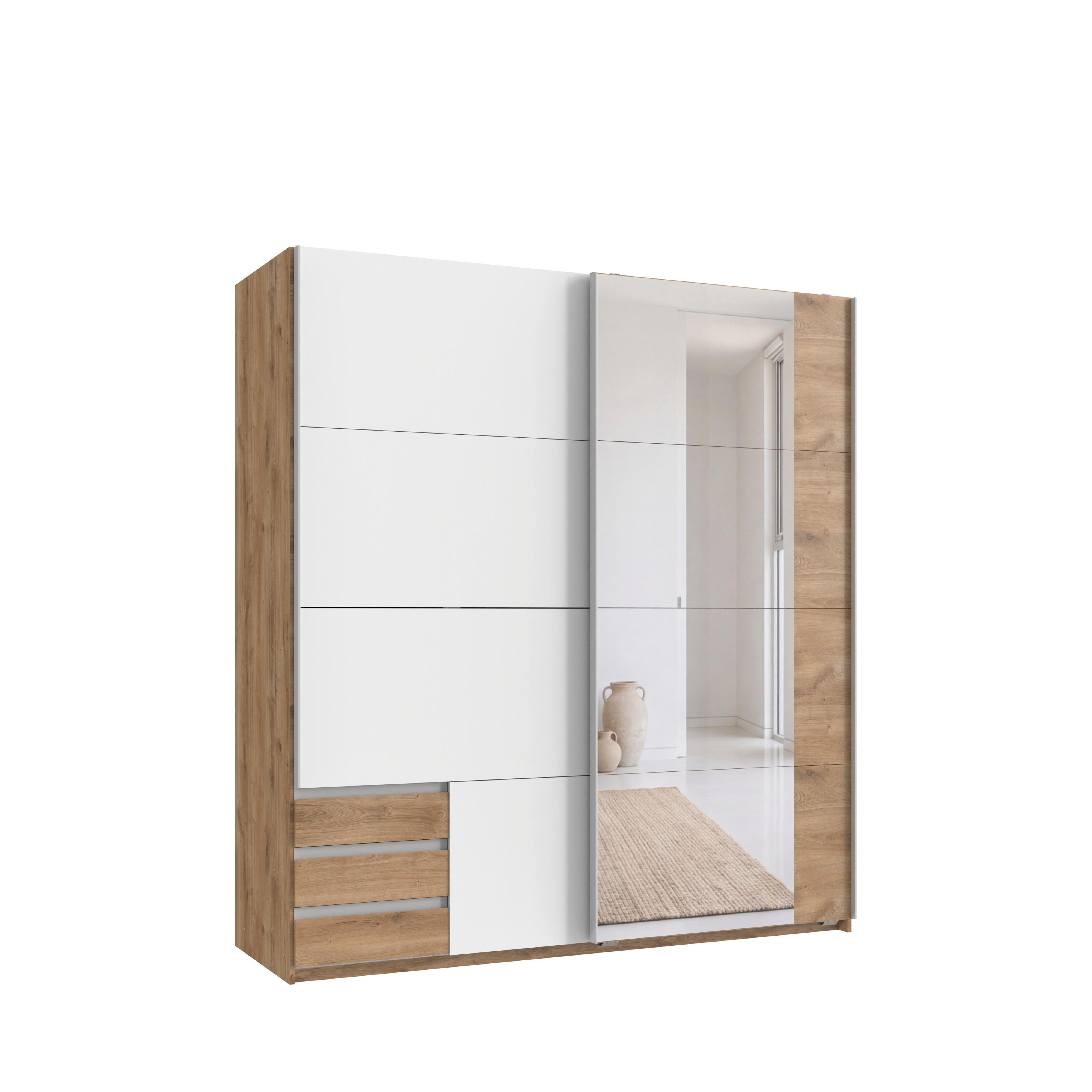 SCHWEBETÜRENSCHRANK 2-türig B179/H198/T65 cm, Kleiderschrank mit Spiegel & sichtbaren Schubkästen in Eiche Dekor, 1x Tür in Weiß / 22705 - Eichefarben/Alufarben, Holz/Holzwerkstoff (179/198/65cm) - luma-home