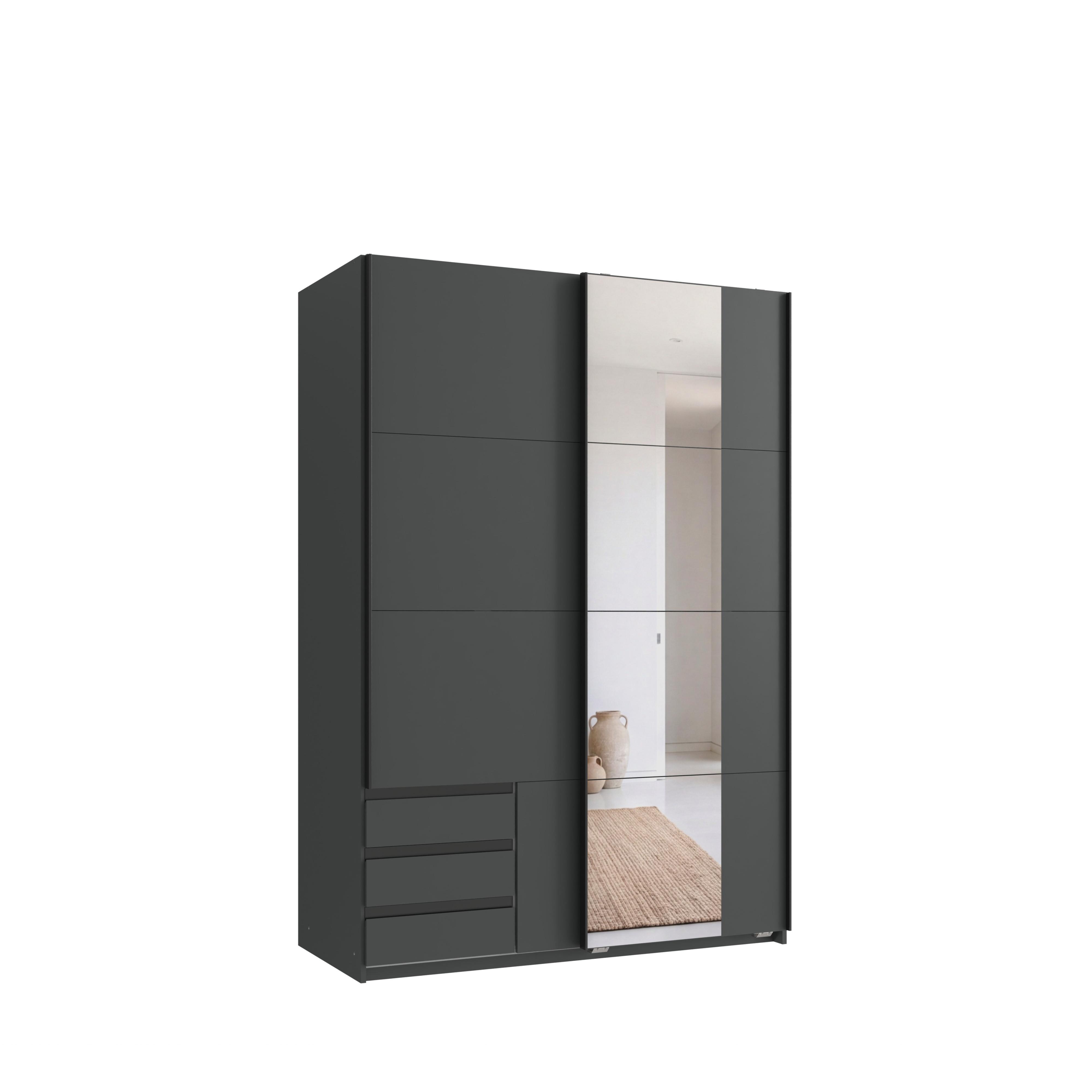 SCHWEBETÜRENSCHRANK 2-türig B135/H198/T65 cm, Kleiderschrank in Grafit mit sichtbaren Schubkästen & Spiegel / 22679 - Graphitfarben/Schwarz, Holz/Holzwerkstoff (135/198/65cm) - luma-home