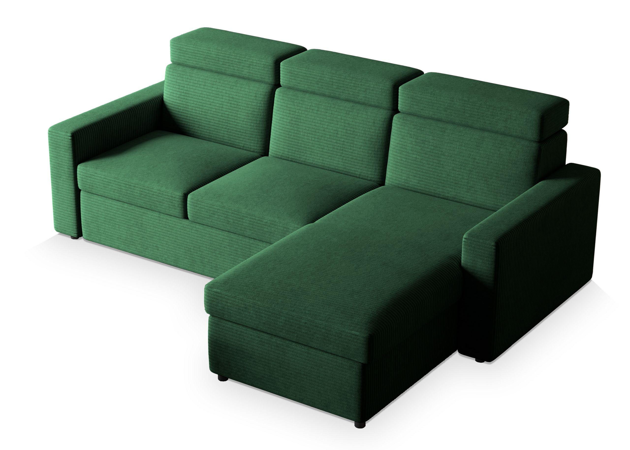 ECKSOFA PADWA Grün Kordstoff mit Schlaffunktion - Schwarz/Grün, Holz/Kunststoff (227/168cm) - MASSENO