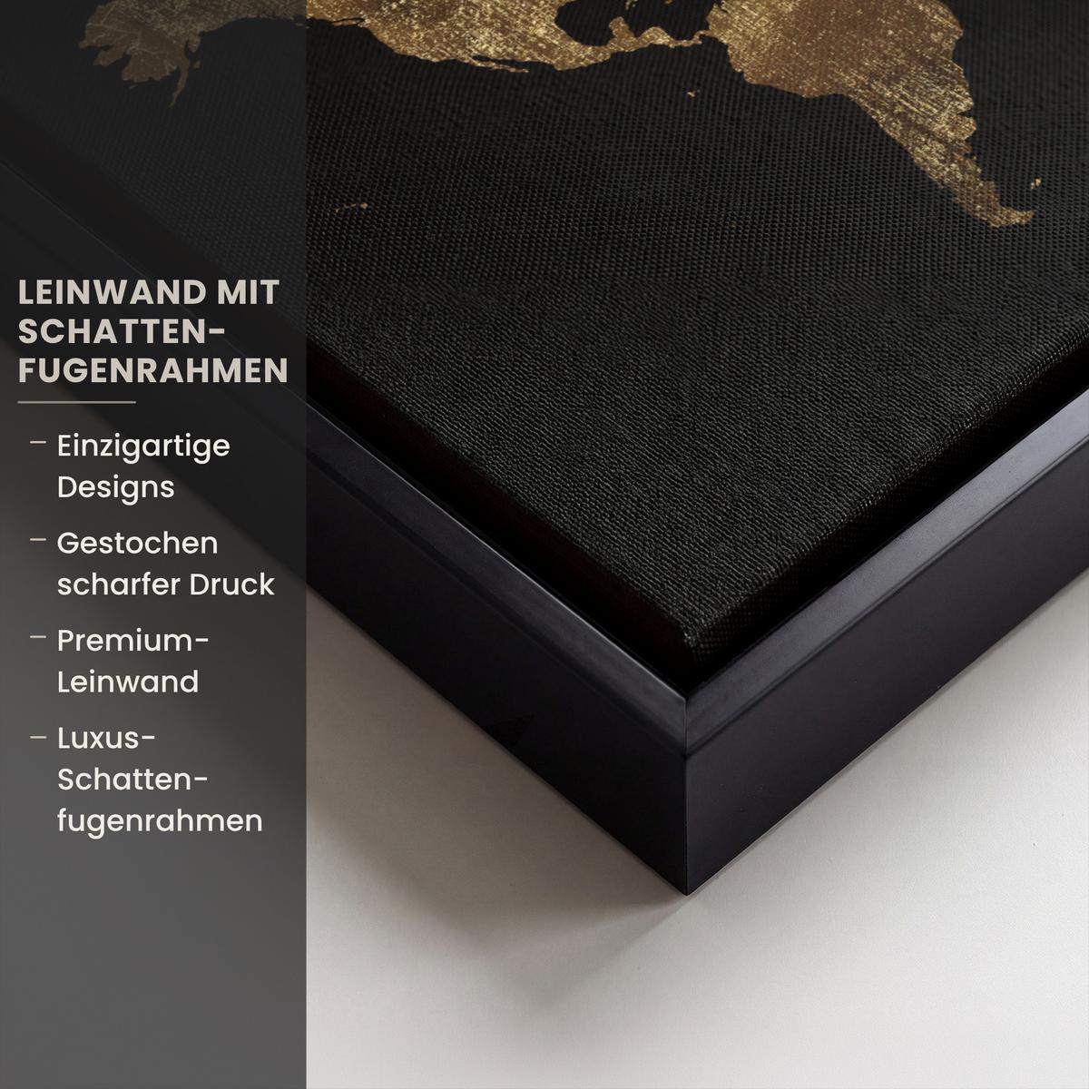 LEINWAND Bilder mit Rahmen - Weltkarte - Gold - Luxus - Erde - Schwarz - 30x20 - Goldfarben, Textil (30/20cm) - MuchoWow