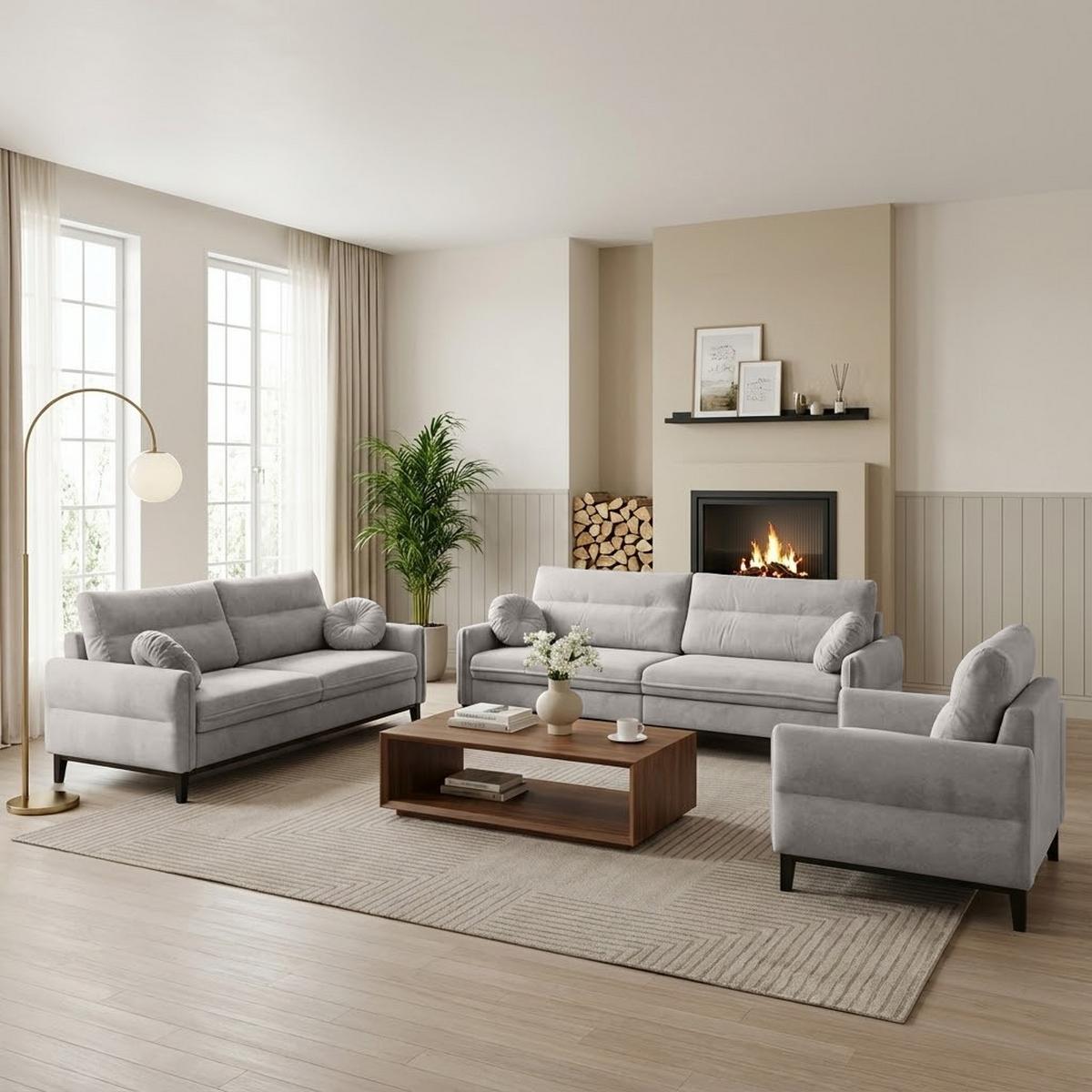 SITZGARNITUR Belweder, zwei Sofas+Sessel, Beige, Velours - Wengefarben/Hellgrau, Holz/Textil (268/95/94cm) - Beautysofa