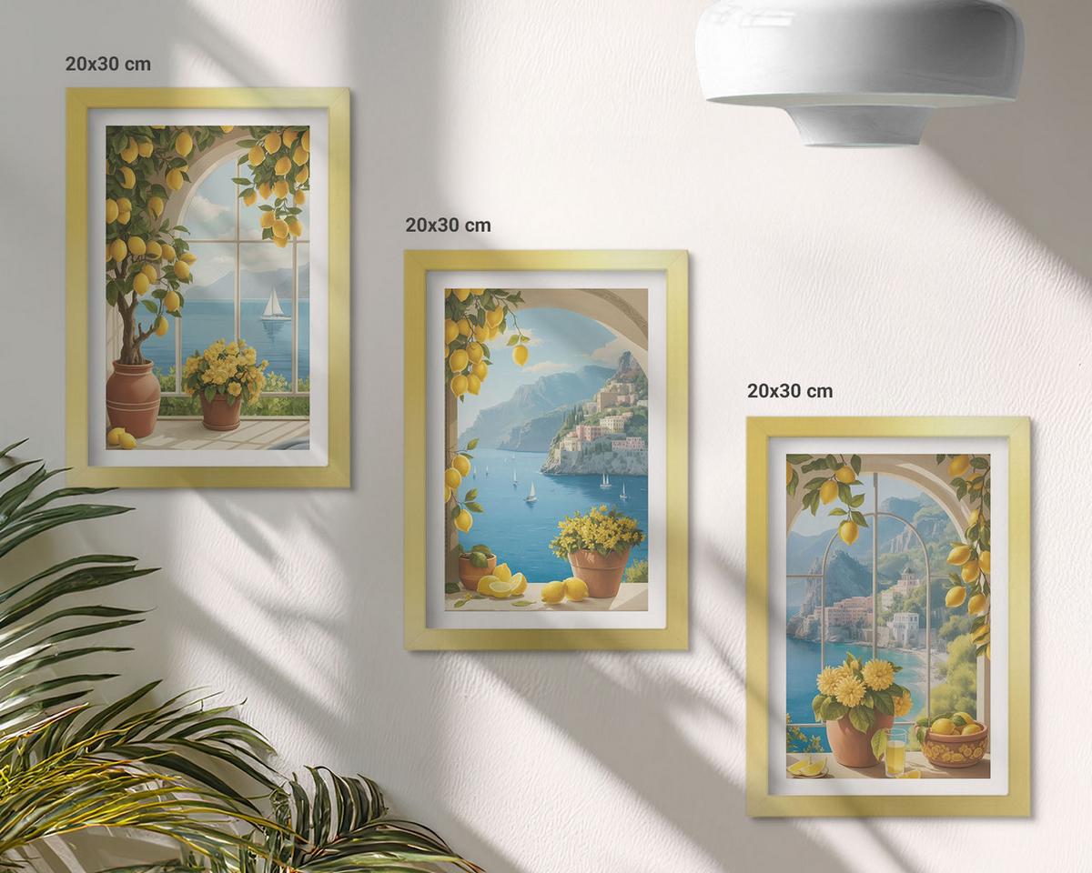 BILDER SET 3er Set - 20x30 cm Goldrahmen - Meereslandschaften, Zitronen, Fenster - Goldfarben, Kunststoff (20/30cm) - TULUP