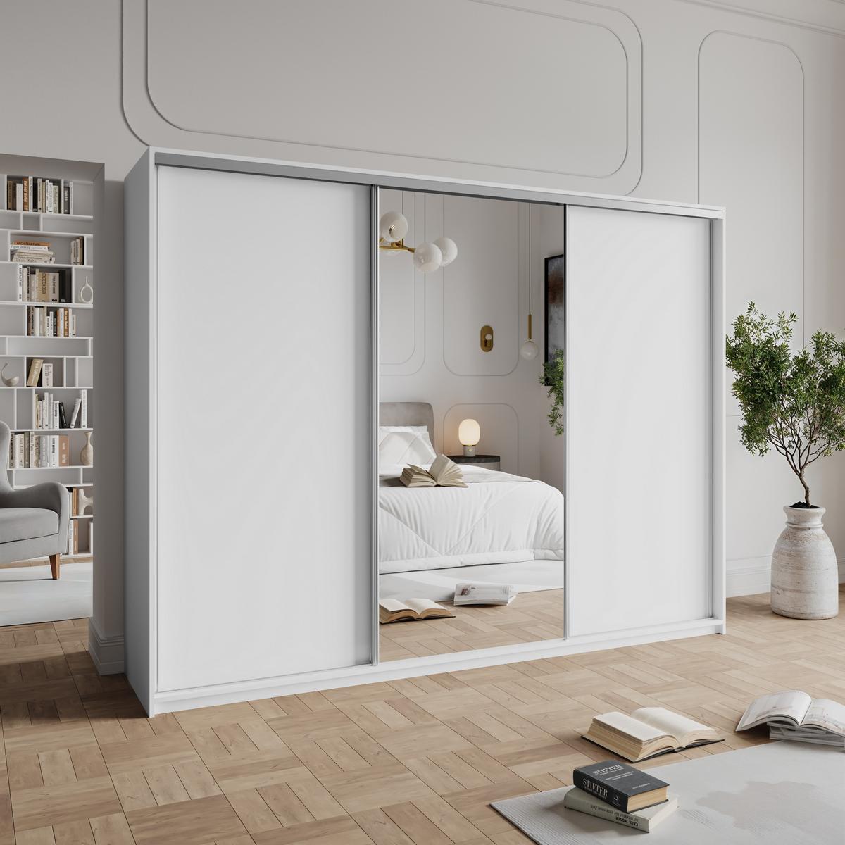 SCHWEBETÜRENSCHRANK TAVI 250/205/60 cm 3-türig mit Spiegel und Schubladen Weiß - Weiß/Nickelfarben, Holzwerkstoff (250/205/60cm) - MASSENO