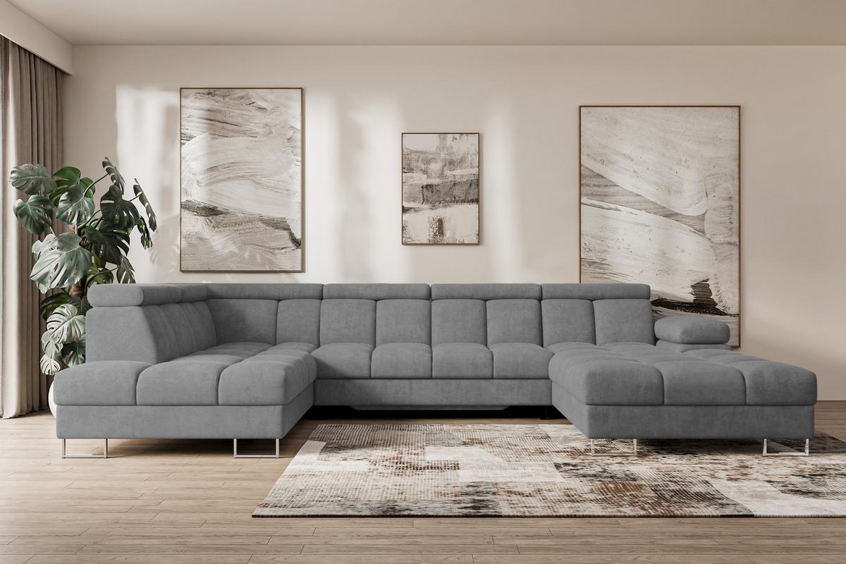 WOHNLANDSCHAFT mit Schlaffunktion und Bettkasten Ottomane Links COMA U 345x203x79 Grau Velours - Grau, Holzwerkstoff/Textil (345/79/203cm) - ALTDECOR