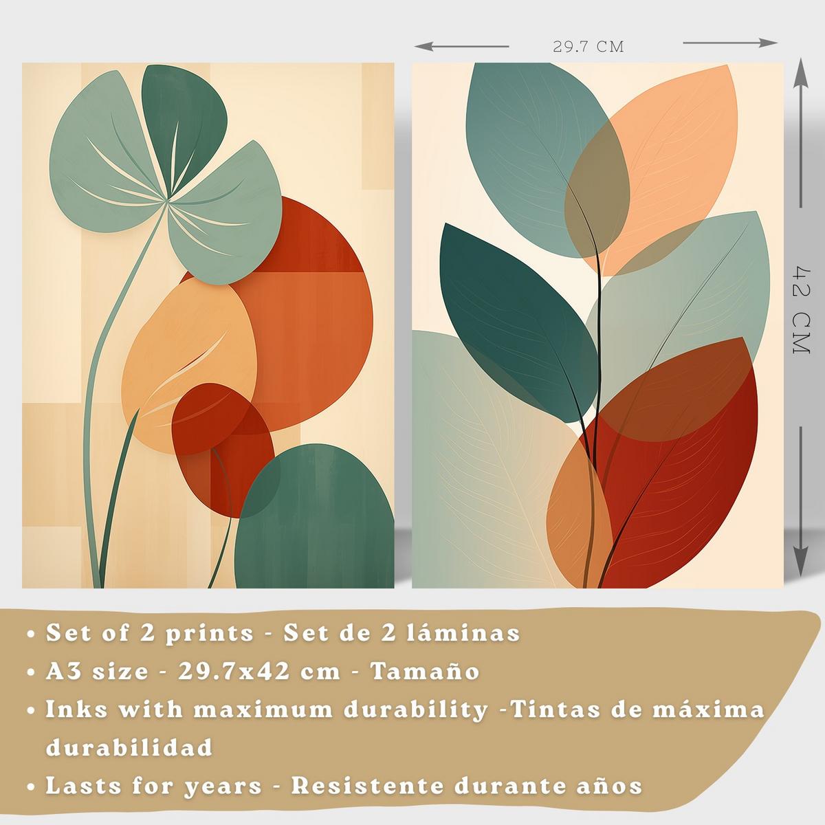POSTER 2er-Set Wandbilder Blätter Pflanzen modern Wohnzimmer Deko, Schlafzimmer, Küche, Badezimmer Schwarzer Rahmen A3 - Schwarz, Papier (29.7/1/42cm) - Nacnic