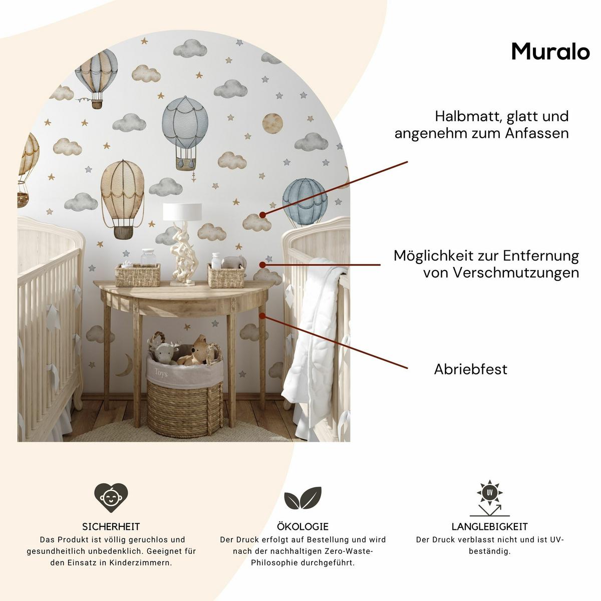 WANDAUFKLEBER SET Luftballons Wolken Sterne Boho Stil 120x60 - Beige/Braun, Papier (120/60/1cm) - Muralo