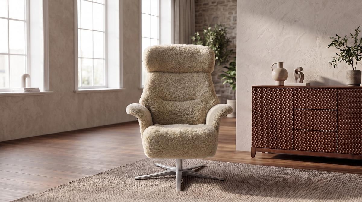 RELAXSESSEL TOSAR Beige Schaffell Relaxfunktion - Beige/Silberfarben, Naturmaterialien/Fell (83/110/89cm) - KAWOLA