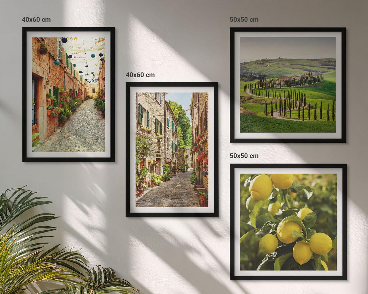BILDER SET 4er Set - 50x50 cm & 40x60 cm Schwarzer Rahmen - Bezaubernde Straßen voller Zitronenblüten - Schwarz, Kunststoff (50/50cm) - TULUP