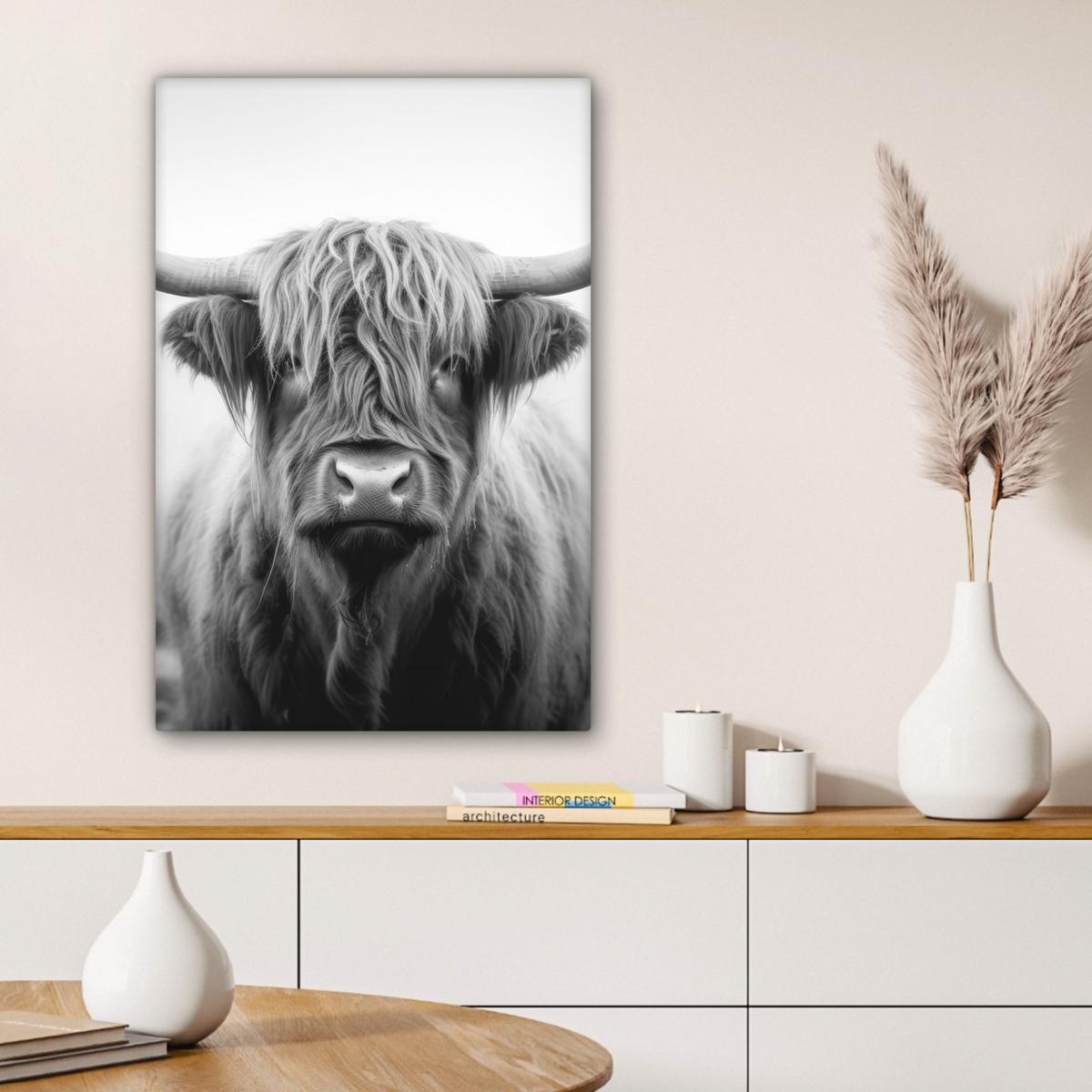 LEINWANDBILD Schottischer Highlander - Nebel - Schwarz - Weiß Wanddeko 40x60 cm - Grau, Textil (40/60cm) - MuchoWow
