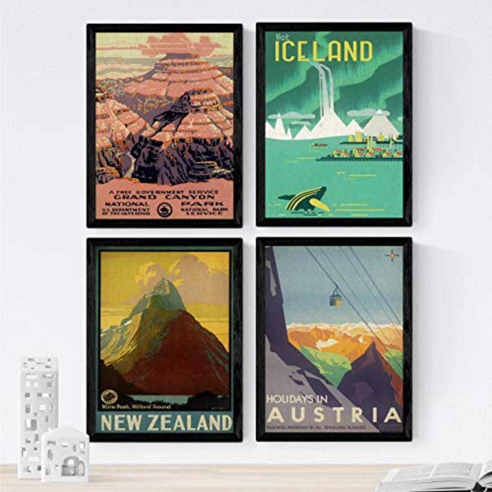 POSTER Set mit 4 Weinleseblätter von Bergen und Flüssen A3 Schwarzer Rahmen - Schwarz, Papier (29.7/3cm) - Nacnic