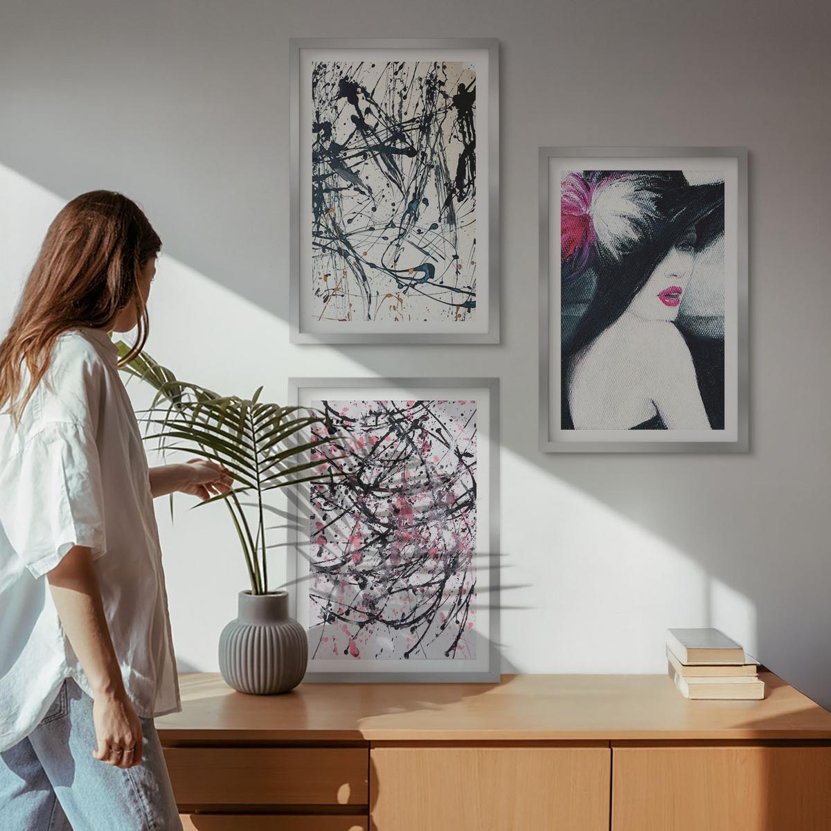 BILDER SET 3er Set - 40x60 cm Silberner Rahmen - Abstrakte Farbmuster Hut - Silberfarben, Kunststoff (40/60cm) - TULUP