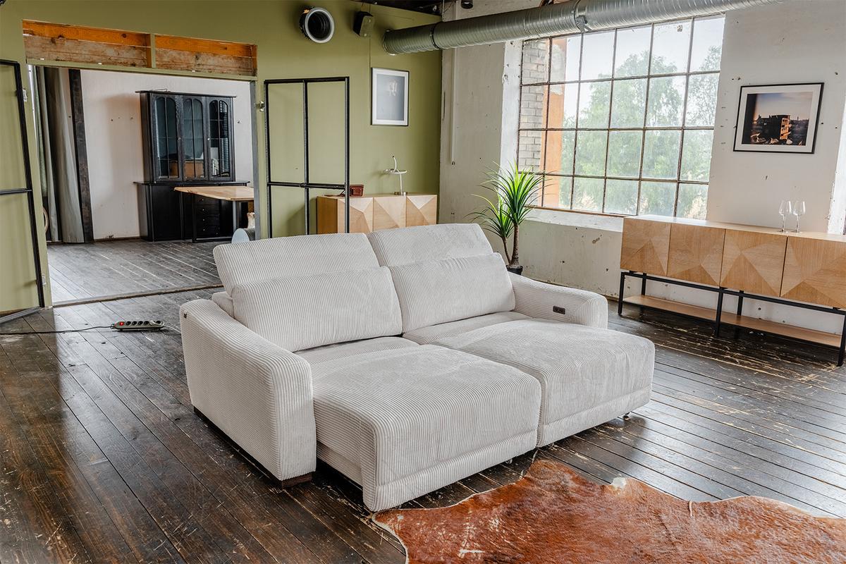 SOFA KIANA Cremeweiß Cord Relaxfunktion - Creme/Schwarz, Kunststoff/Textil (227/80/110cm) - KAWOLA