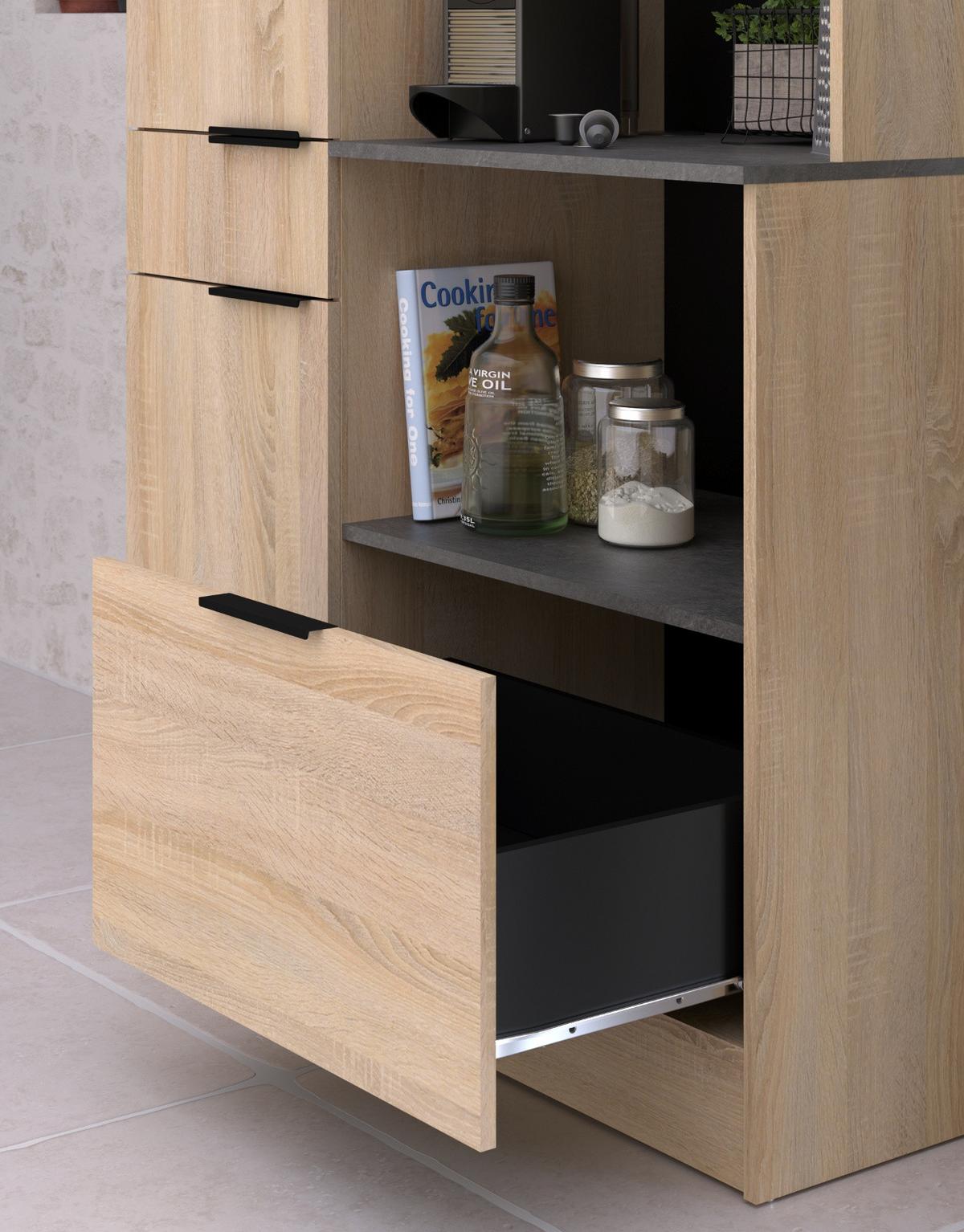 BUFFET Küche Eiche, grau 100 cm Küchenschrank mit viel Stauraum - Eichefarben/Schwarz, Holzwerkstoff/Metall (100/186/45cm) - Parisot Meuble