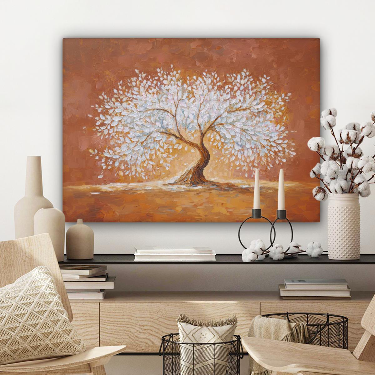 LEINWANDBILD Abstrakt - Baum - Weiß - Blätter Wandbilder 80x60 cm - Braun, Textil (80/60cm) - MuchoWow