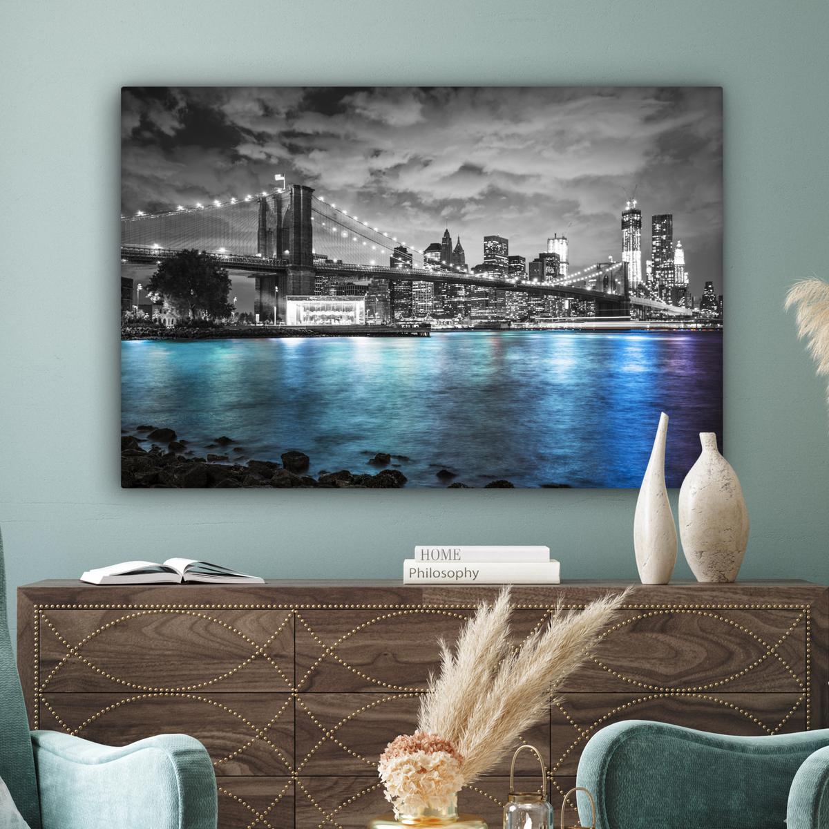 LEINWANDBILD New York - Skyline - Stadt - Blau Groß 140x90 cm - Blaugrau, Textil (140/90cm) - MuchoWow