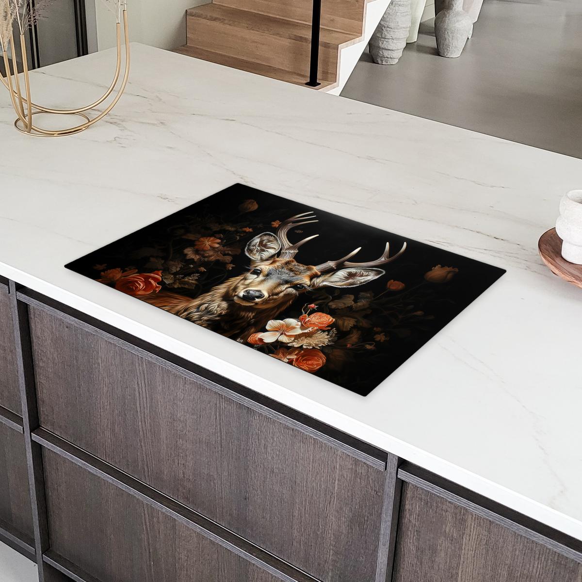 HERDABDECKPLATTE Hirsch - Tier - Blumen - Natur - Botanisch Ceranfeldabdeckung 76x51.5 cm - Kupferfarben, Kunststoff (76/51.5/0.2cm) - MuchoWow