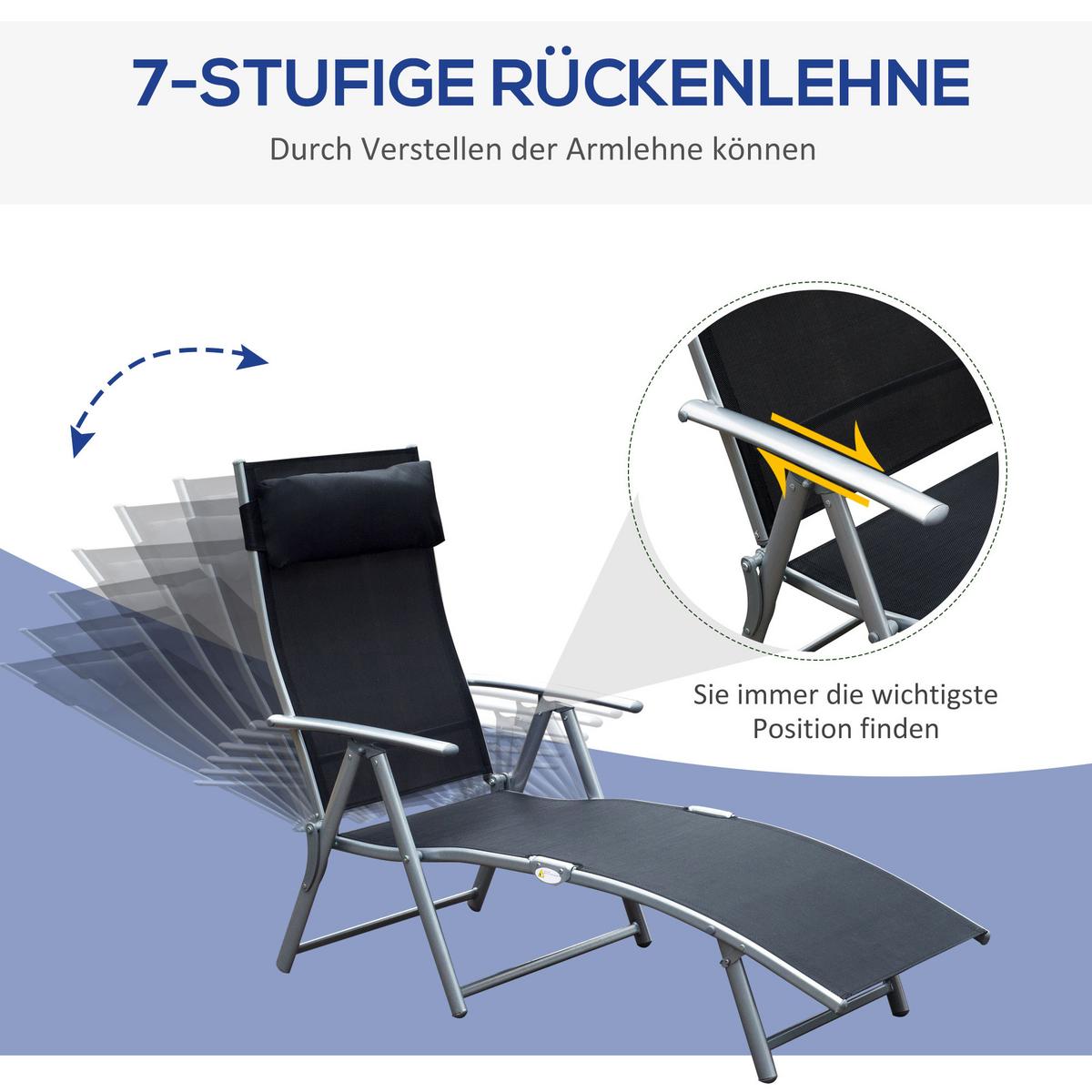 SONNENLIEGE, klappbar mit Kissen, Metall+Stoff, Schwarz, 137 x 63,5 x 100,5 cm - Schwarz, Metall (63.5/100.5/137cm) - Outsunny
