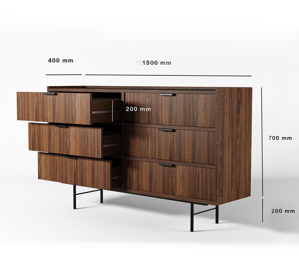 SIDEBOARD Nordiva 6S Warmia Walnut 150/90/40 cm – Metallgestell - Walnussfarben/Schwarz, Holzwerkstoff/Metall (150/90/40cm) - AX Living