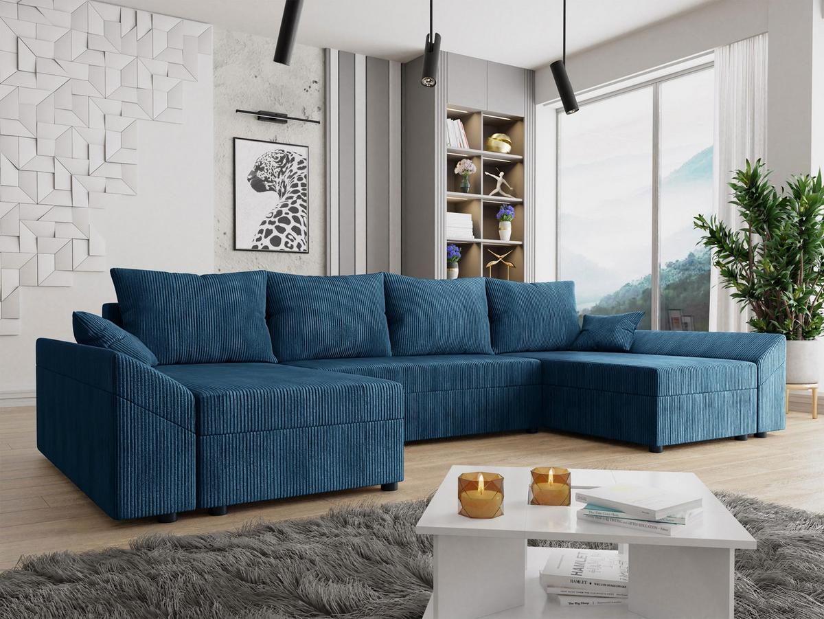 WOHNLANDSCHAFT Dante U Cord - Blau/Schwarz, Holz/Kunststoff (310/82/140cm) - MIRJAN24