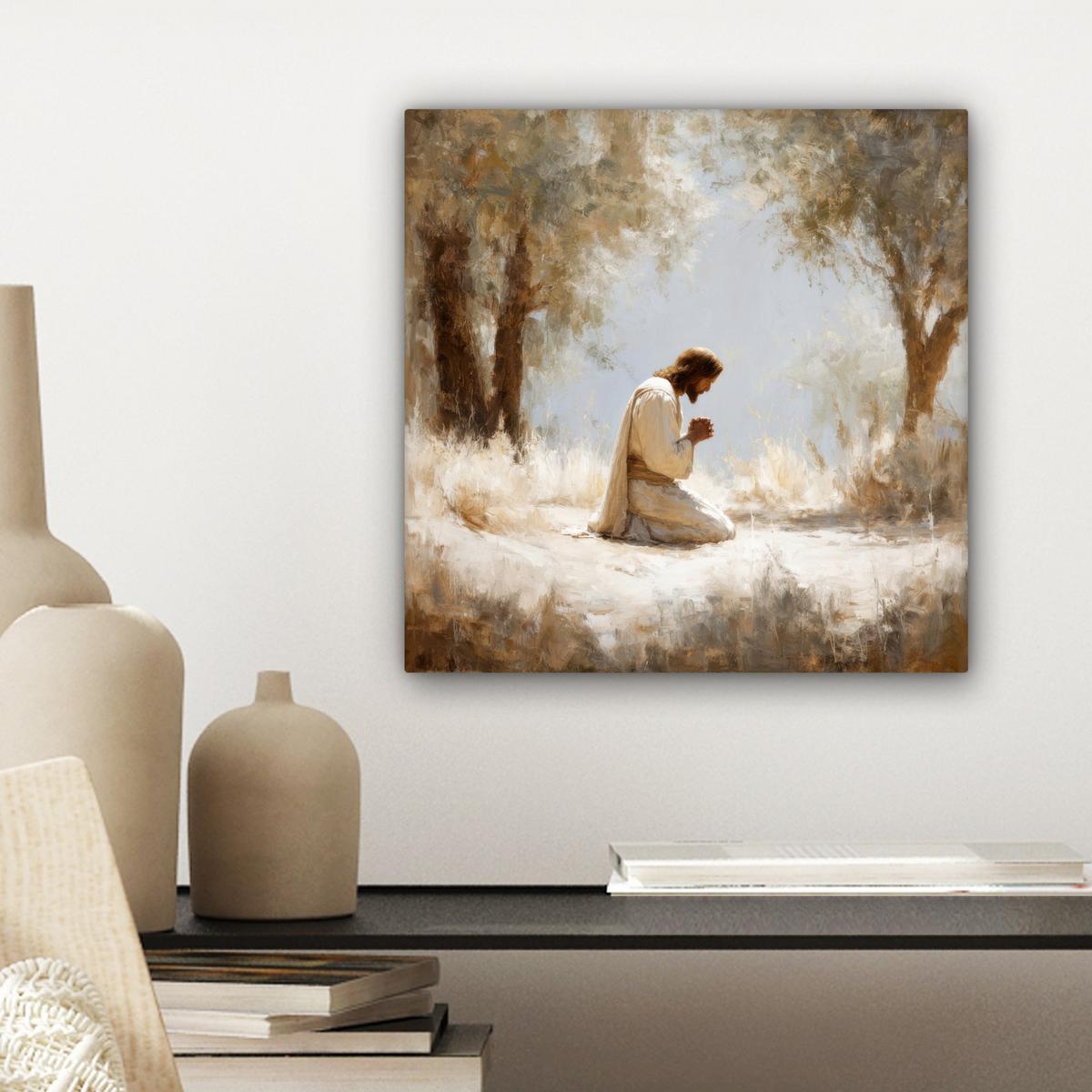 LEINWANDBILD Jesus - Kniend - Waldlandschaft - Betend Deko Wohnzimmer 20x20 cm - Beige/Hellblau, Textil (20/20cm) - MuchoWow