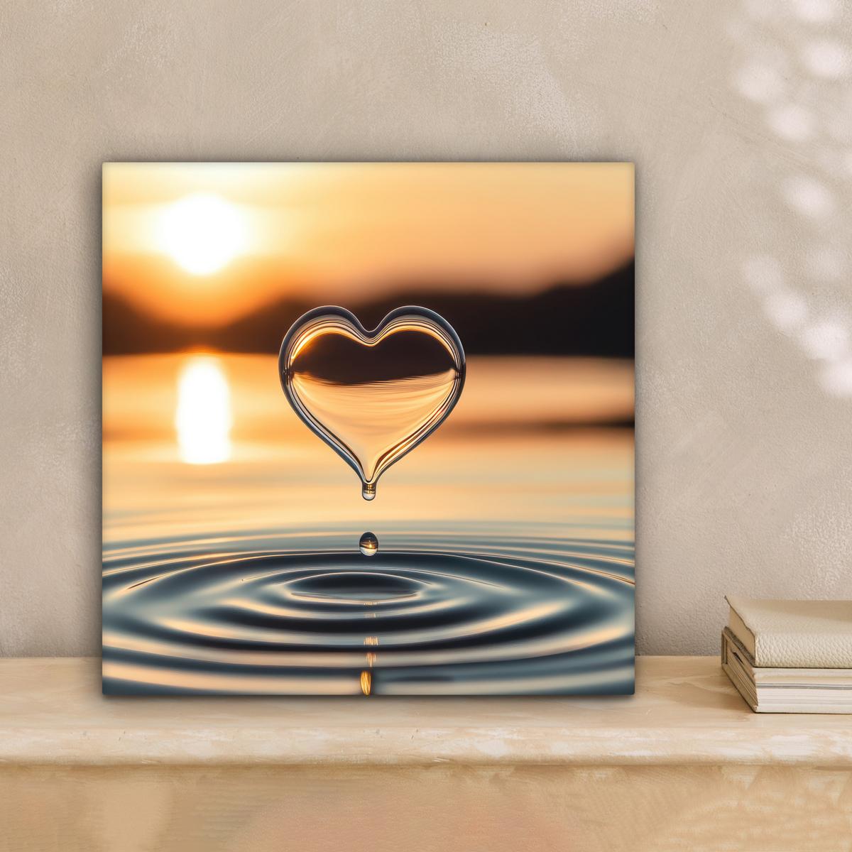 LEINWANDBILD Herz - Wasser - Sonnenuntergang - Natur - Zen Deko Wohnzimmer 20x20 cm - Bernsteinfarben, Textil (20/20cm) - MuchoWow