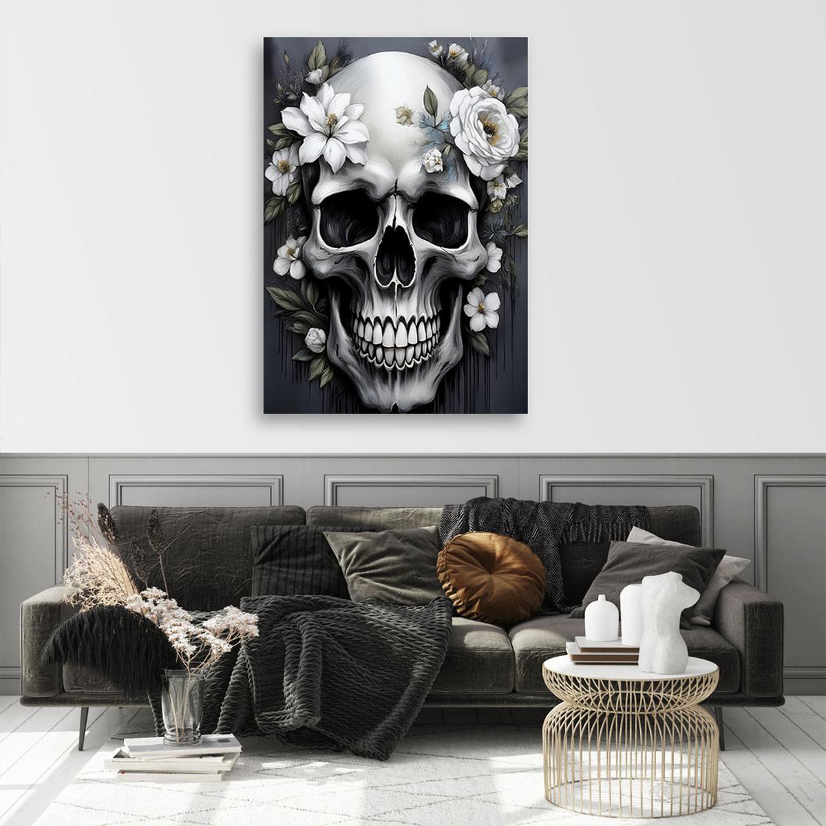 WANDBILD totenkopf mit weißen blumen - Grau, Textil (40/60cm) - Feeby