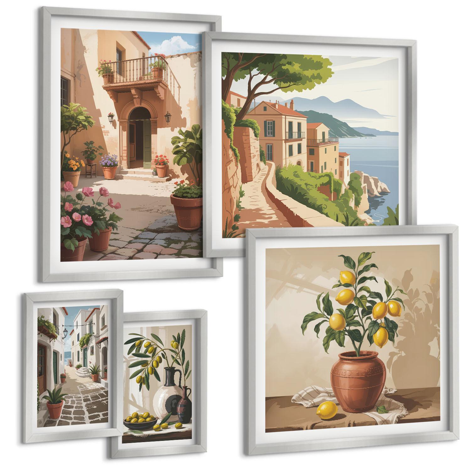 BILDER SET 5er Set - 50x50 cm & 20x30 cm & 40x60 cm Silberner Rahmen - Zitronenblumen im Topf, Straßen - Silberfarben, Kunststoff (40/60cm) - TULUP