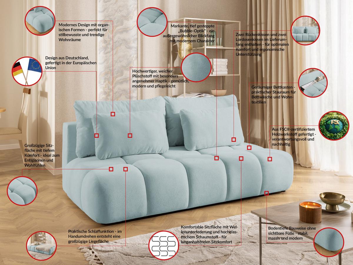SCHLAFSOFA Belluno aus hochwertigem Blaugrau Plüschstoff mit Bettkasten und tiefen Steppungen in Bubble-Optik - Blaugrau/Schwarz, Holz/Kunststoff (205/87/105cm) - S-Style