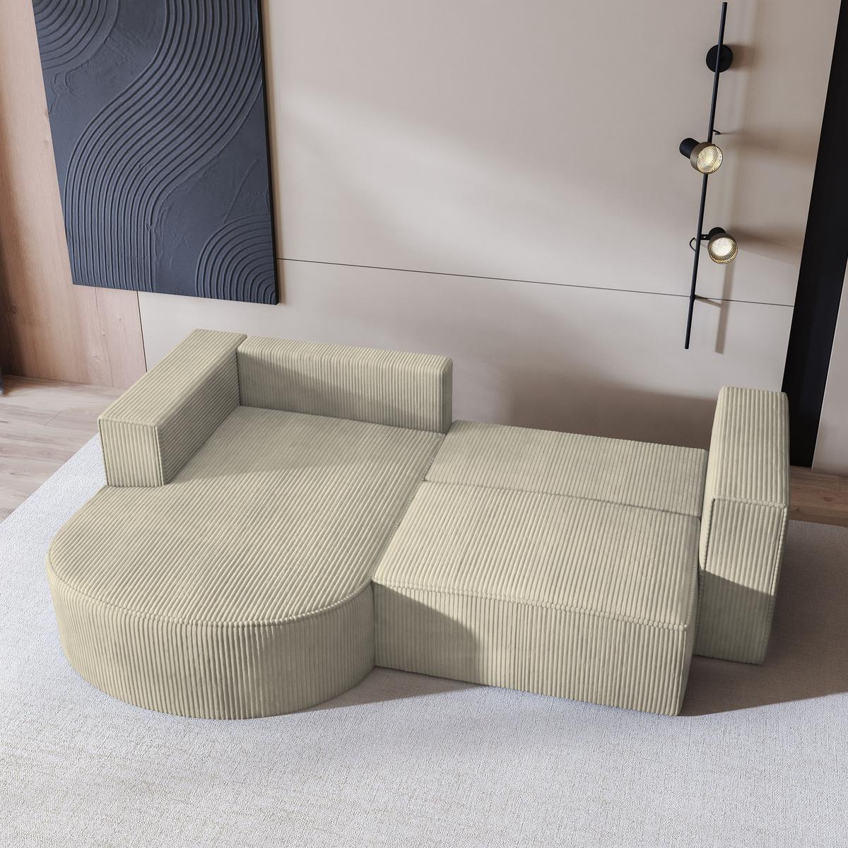 ECKSOFA SORELA P L-S Creme Kordstoff mit Schlaffunktion - Creme, Holz (263/174cm) - MASSENO