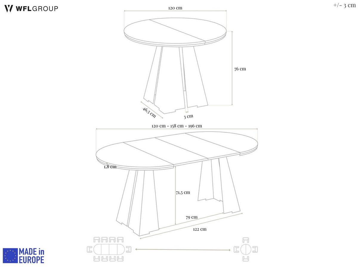 ESSTISCH Kova runder ausziehbarer, Lancelot Eiche 120-200/120/76 cm - Eichefarben/Weiß, Holzwerkstoff/Metall (120/196/76cm) - WFL GROUP