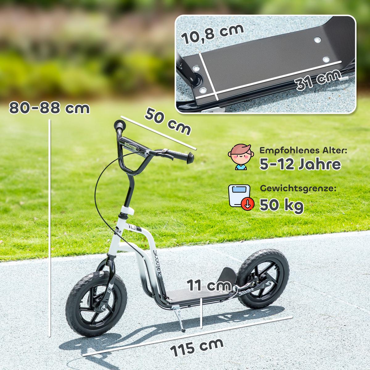 ROLLER Kinder Tretroller Kickscooter mit verstellbarem Lenker 12 Zoll Räder Weiß - Weiß, Kunststoff (115/50/88cm) - AIYAPLAY