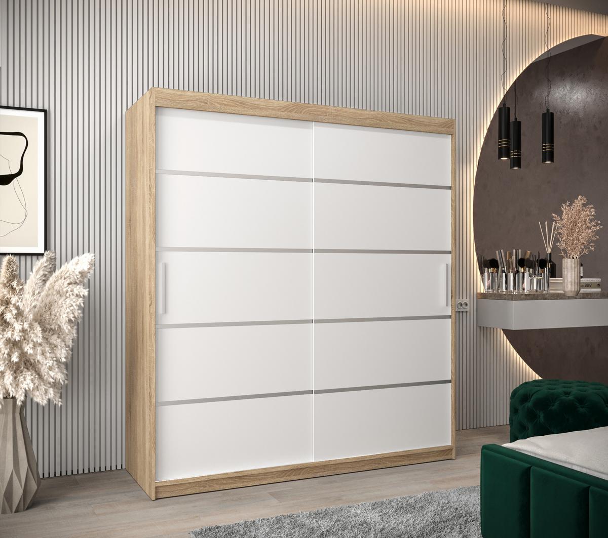 SCHWEBETÜRENSCHRANK 200/180/62 2-türig - Silberfarben/Weiß, Holz/Kunststoff (180/200/62cm) - MÖBEL KRYSPOL