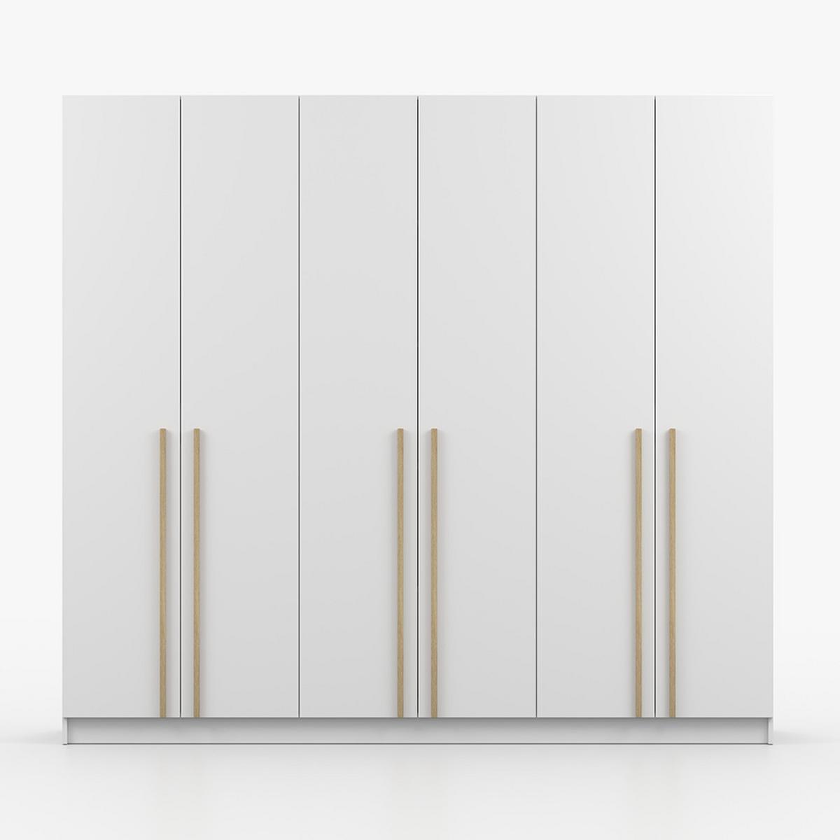 DREHTÜRENSCHRANK SEVILLA 6D 230 cm Weiß/Weiß, 6-türig, Holzgriffe - Eukalyptusholzfarben/Weiß, Holz/Holzwerkstoff (230/210/57cm) - imoebel24