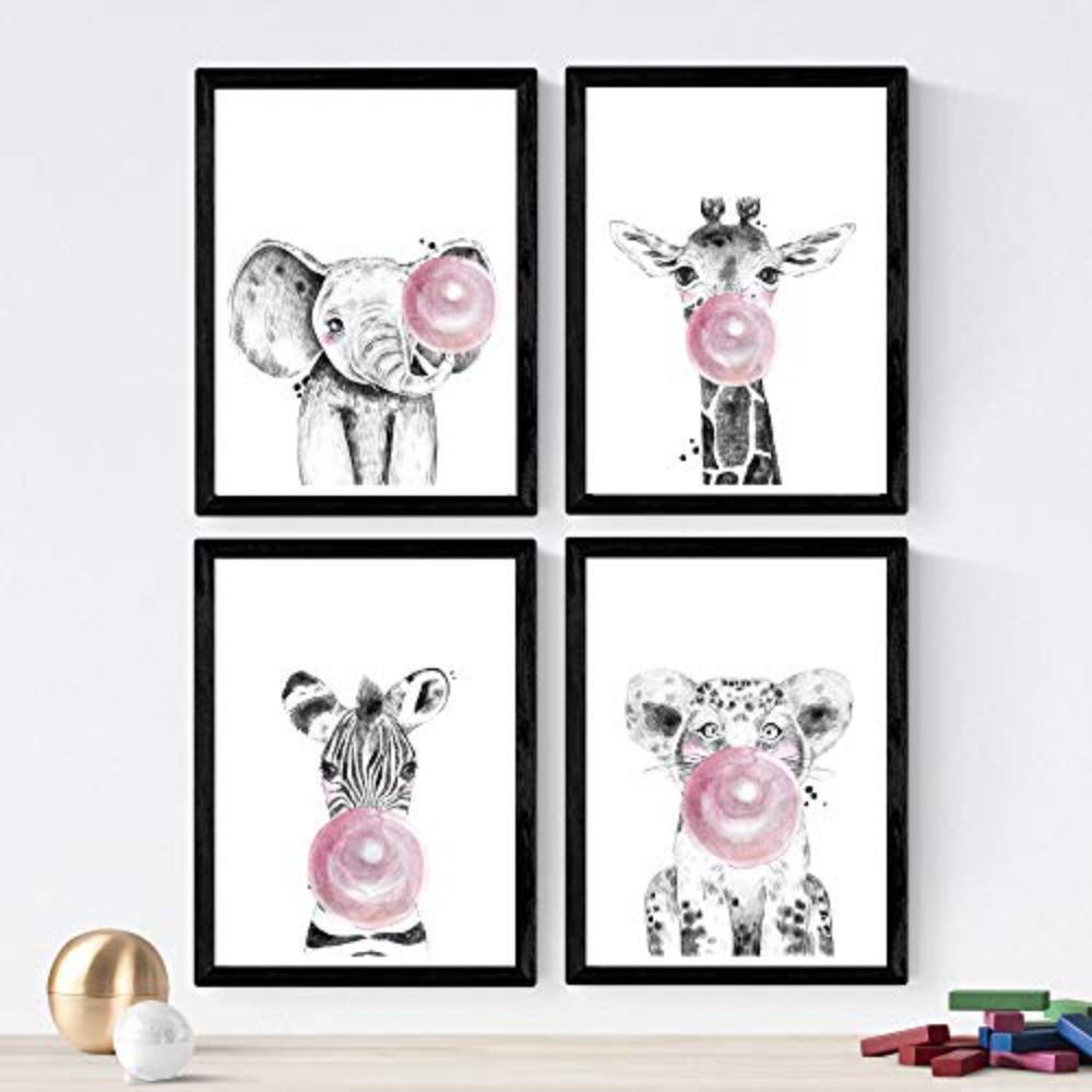 POSTER Set mit 4 Kinder Tiere mit rosa Kaugummi A3 Rahmenlos - Klar, Papier (29.7/3cm) - Nacnic