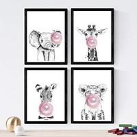 POSTER Set mit 4 Kinder Tiere mit rosa Kaugummi A3 Rahmenlos - Klar, Papier (29.7/3cm) - Nacnic