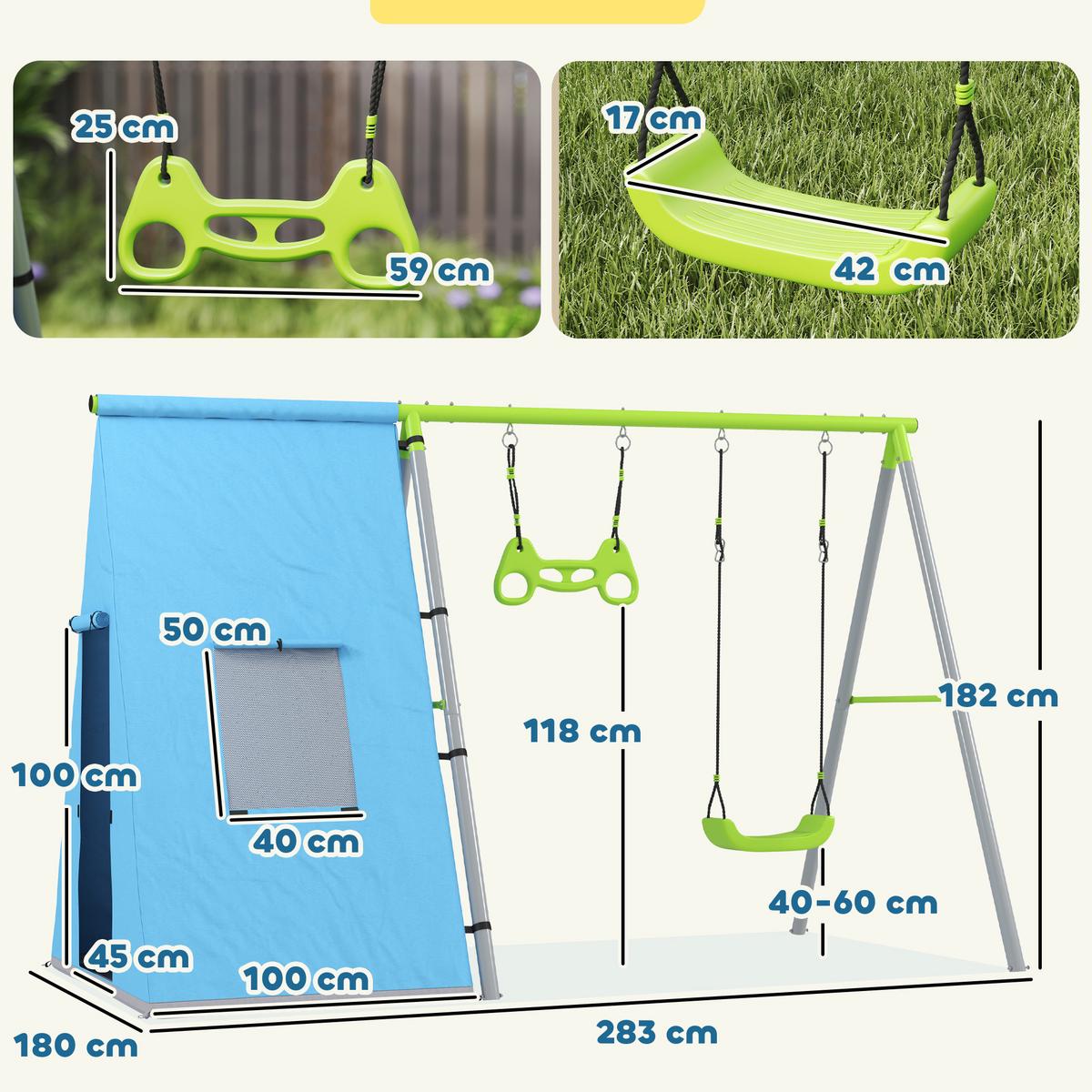 3 in 1 Schaukelgestell Schaukelgerüst mit Spielzelt, Schaukel und Turnringe - Grün, Metall (180/283cm) - AIYAPLAY