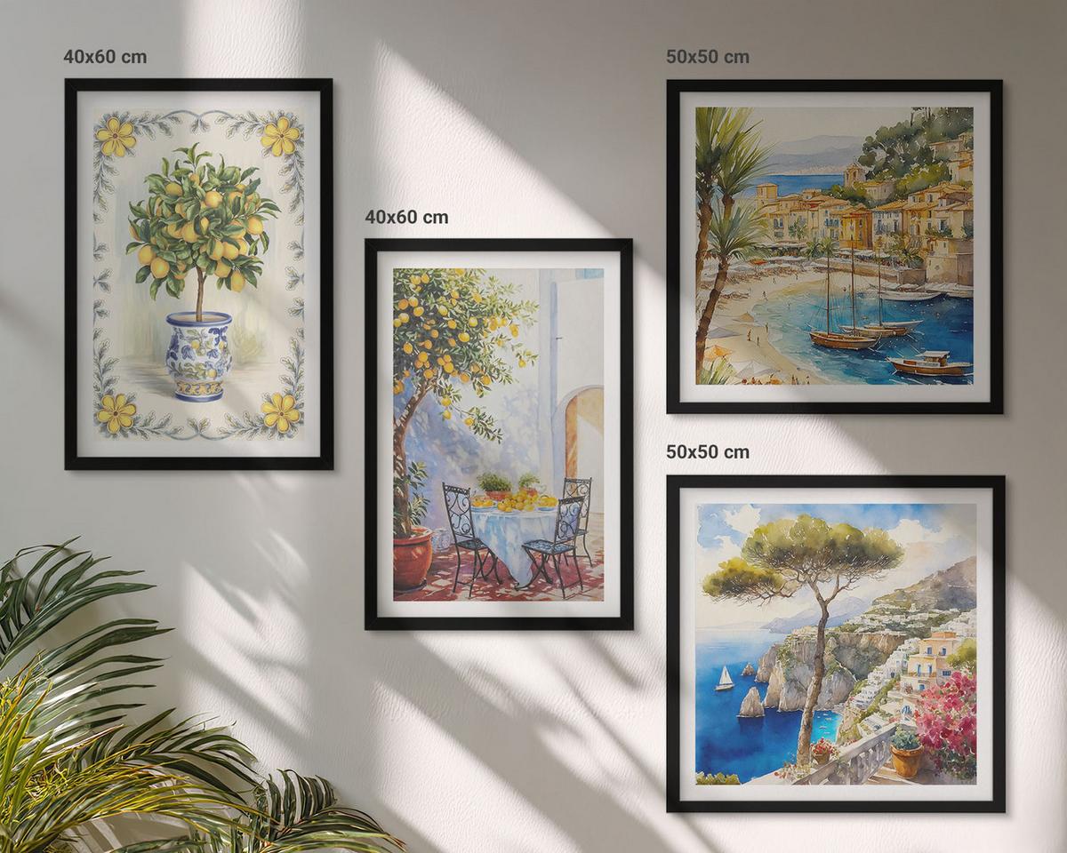 BILDER SET 4er Set - 50x50 cm & 40x60 cm Schwarzer Rahmen - Blick auf das Meer aus Zitronenbäumen - Schwarz, Kunststoff (50/50cm) - TULUP