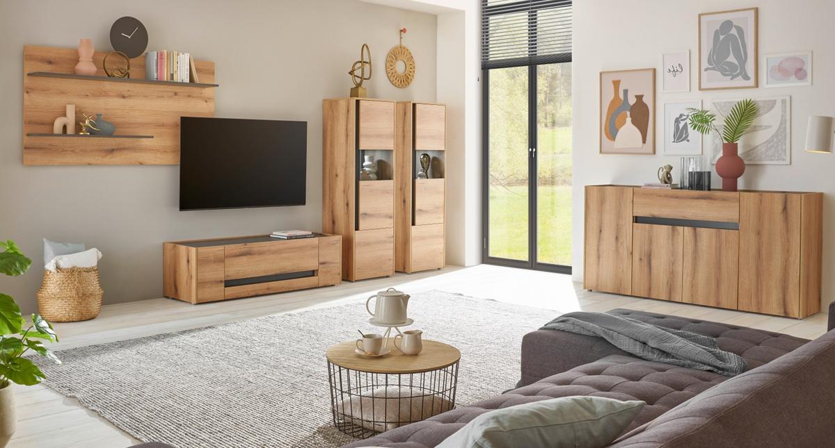 WOHNWAND Evoke Eiche, grau, Set 4-teilig 400 cm inklusive Beleuchtung - Eichefarben/Grau, Holzwerkstoff/Metall (400/180/30cm) - Furn.Design