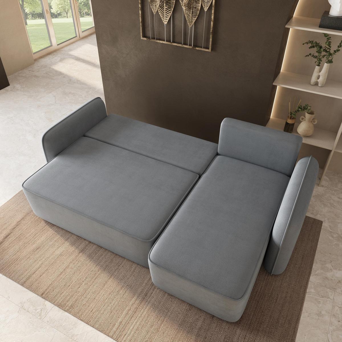ECKSOFA DOLVER Grau Plüsch-Stoff mit Schlaffunktion - Grau, Holz (238/156cm) - MASSENO