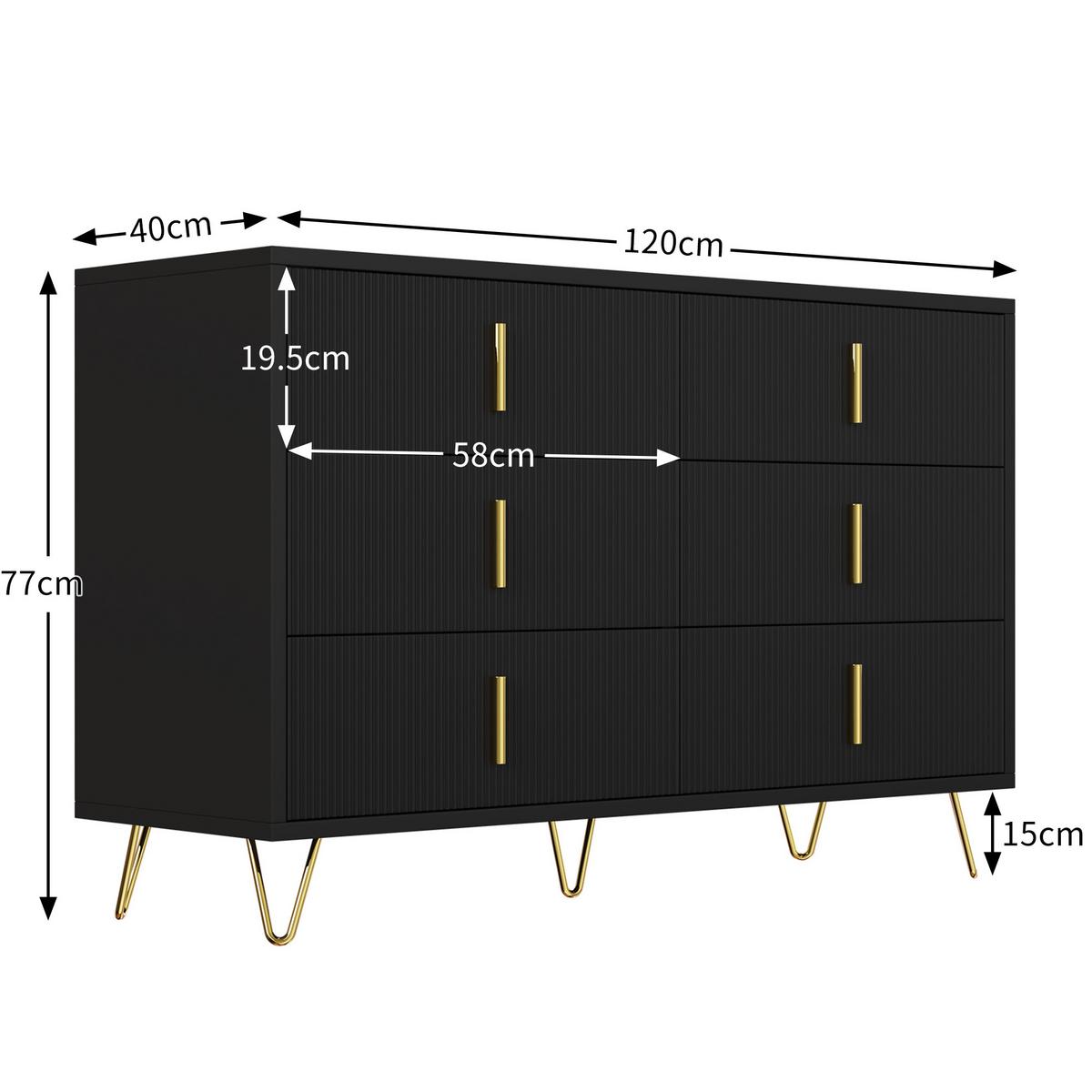 SIDEBOARD schwarz gold 120cm 6 schubladen modern - Schwarz, Holzwerkstoff (120/77/40cm) - Urban Meuble