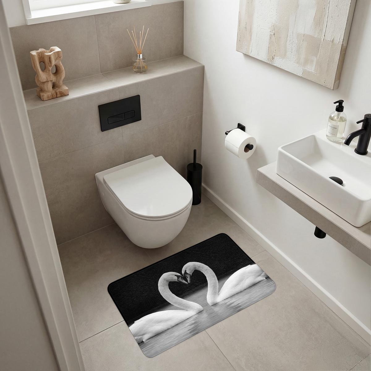 BADEMATTE Schwäne - Herz - Schwarz - Weiß 80x50 cm - Schwarz, Textil (80/50cm) - OnlyWow